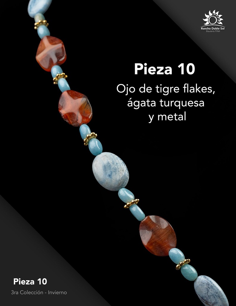 [RDS-C3-010] Pieza 10 · Ojo de tigre flakes, ágata turquesa y metal