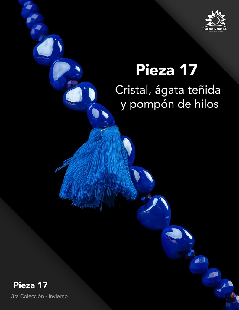 [RDS-C3-017] Pieza 17 · Cristal, ágata teñida y pompón de hilos