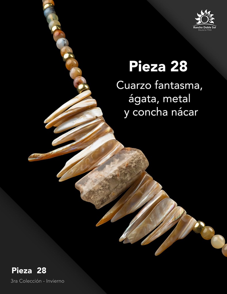 [RDS-C3-028] Pieza 28 · Cuarzo fantasma, ágata, metal y concha nácar